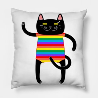 Black Cat Wearing a Rainbow Striped Onesie Pillow