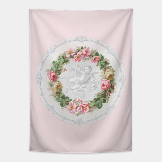 Wreath of flowers with a cherub Tapestry by UndiscoveredWonders