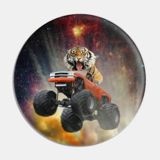 Snarling Tiger Jumping a Monster Truck Through an Explosion GERRRRR Pin