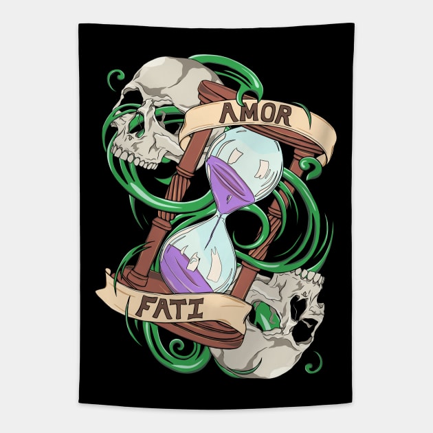 Amor fati graphic design, skulls and hourglass Tapestry by NadiaChevrel