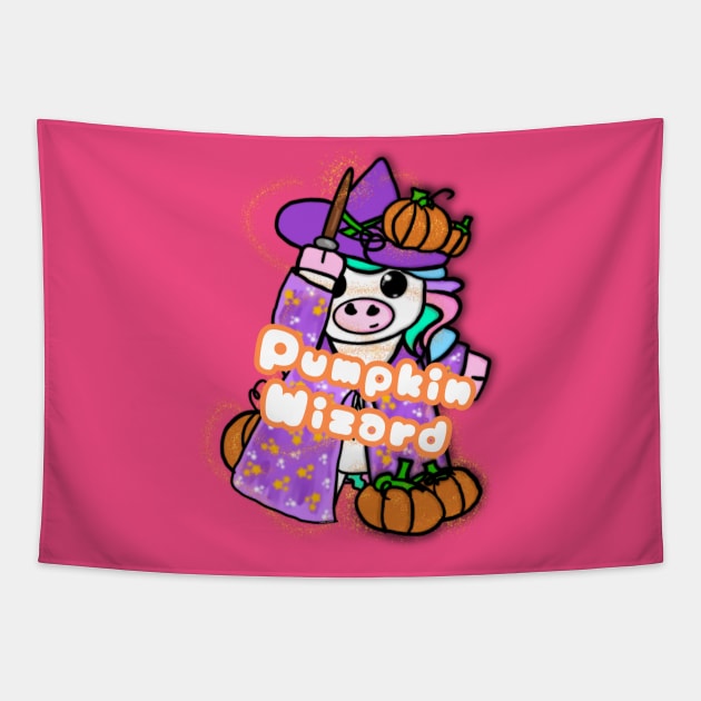 Unicorn with phrase - Pumpkin wizard Tapestry by The shiny unicorn