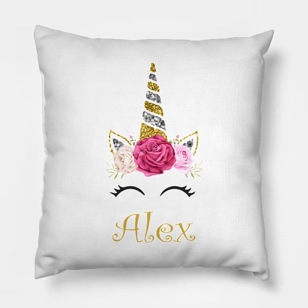 Alex | Personalized Name With Unicorn And Flowers For Girls And Women Pillow by Dizak Design