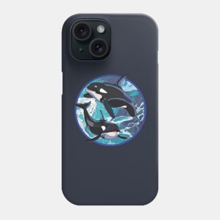 Oceanic Elegance: Stained Glass Style Circle Design T-Shirt with Two Orcas Phone Case