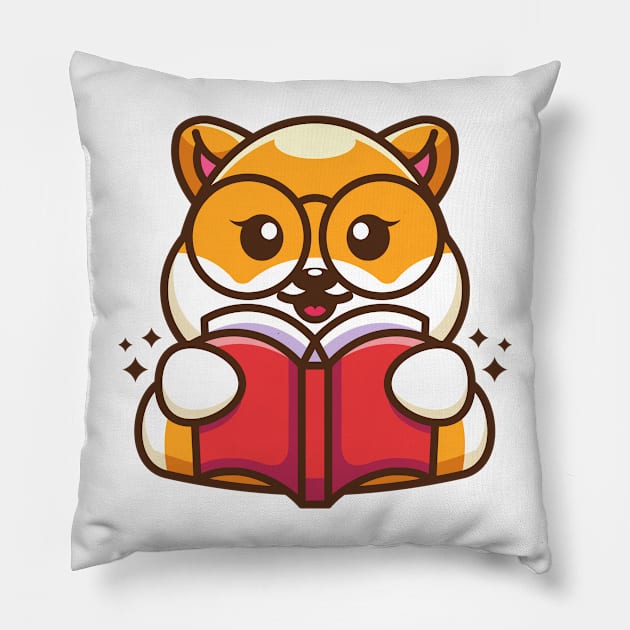 Cute shiba inu dog reading book cartoon Pillow by Wawadzgnstuff