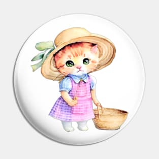 Cute kitten in pink gingham dress and straw hat children’s illustration I Pin