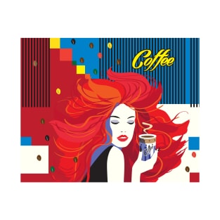 Beautiful Fashion Woman with Coffee Cup. Pop Art Trendy Style Illustration, Art Work Contemporary Art T-Shirt