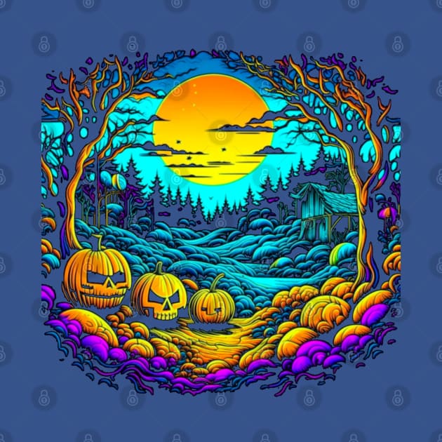 Trippy Night of the Pumpkin Patch And Hut, Halloween by vystudio