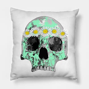 Mint green skull with daisies Pillow