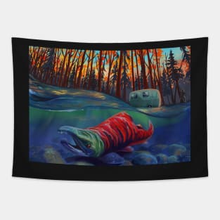 Salmon fishing nature scene Tapestry