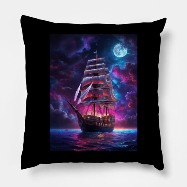 Pirate Ship of the Dark Blue Sea Pillow by Ratherkool
