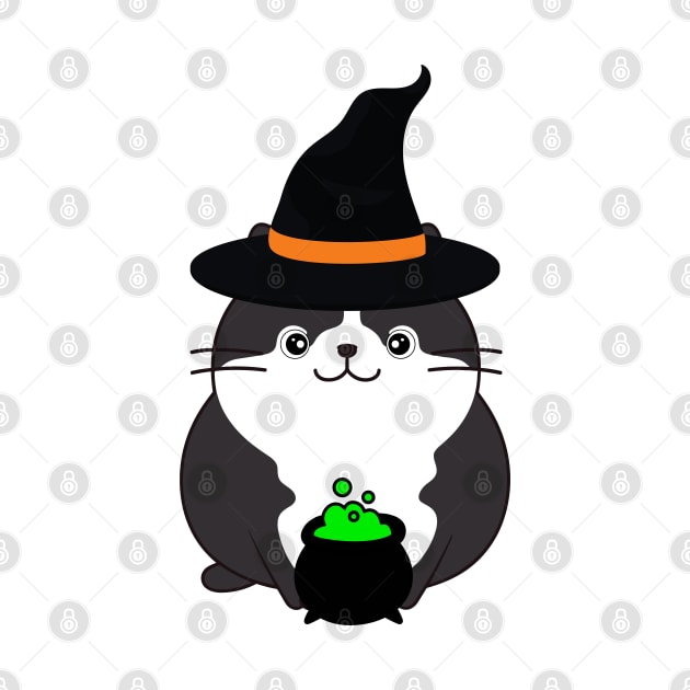 Funny fat cat is wearing a witch costume by Pet Station