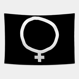 Minimal Female Gender Symbol White Line Tapestry