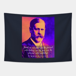 Sigmund Freud portrait and quote: Just as no one can be forced into belief.... Tapestry