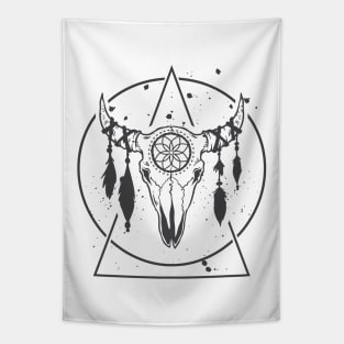 Bull Skull Geometric Feathers Boho Tapestry