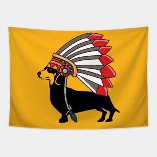 Dachshund dog native American Indian feathers hat Tapestry