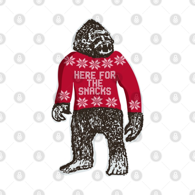 Bigfoot in an Ugly Christmas Sweater that says Here For The Snacks by YourGoods