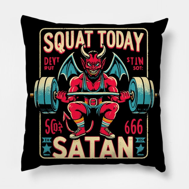 Squat Today Satan - Cartoon Devil - Workout Gym Pillow by QuirkyInk