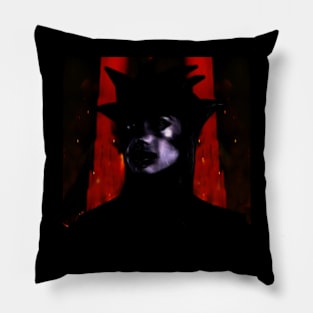 Beautiful girl in strange dark suit, with face mask. Red castle or rock on background. Red, blue, violet. Dark. Pillow