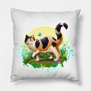 Fluffy Calico Cat with Butterfly Pillow