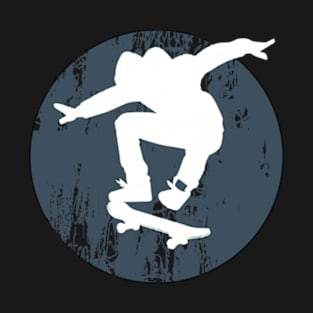 Grunge Urban Skateboarder Graffiti Style - White Silhouette with Blue / Grey Background T-Shirt