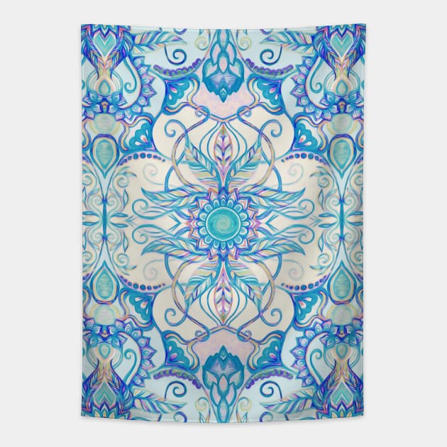 Teal Blue, Pearl & Pink Floral Pattern Tapestry by micklyn