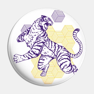 Retro Purple & Gold Tiger on the Attack // Vintage Geometric Shapes Background Pin