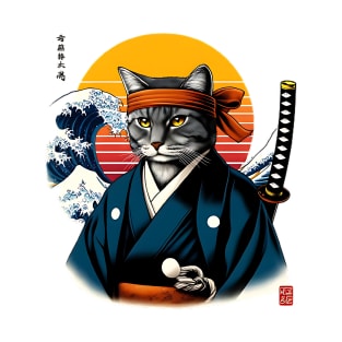 Vaporwave Samurai Cat Great Wave Off Kanagawa T-Shirt