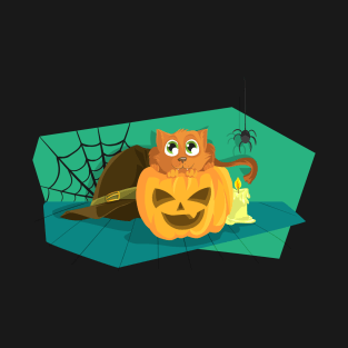 Cat in Fear on Pumpkin Halloween design T-Shirt