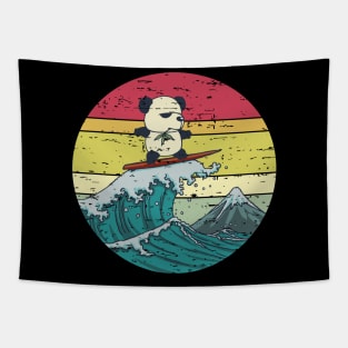 Funny Cute Surfing Panda Great Wave Retro Sunset  Distressed Vintage Rainbow Colors Tapestry