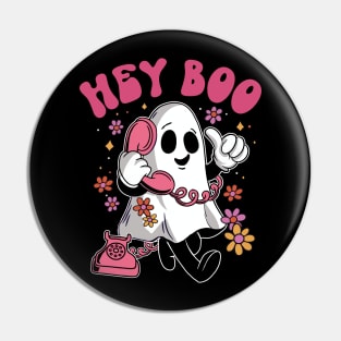 Hey Boo - Groovy Ghost Halloween design for Men, Womens Kids Pin