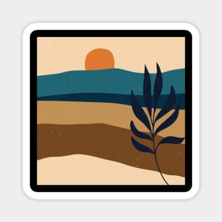 Contemporary abstract mountains and hills landscape with leaves branch digital design illustration Magnet