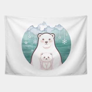 Cute cub polar bear and mum character design with snowflake background. Vector illustration Tapestry