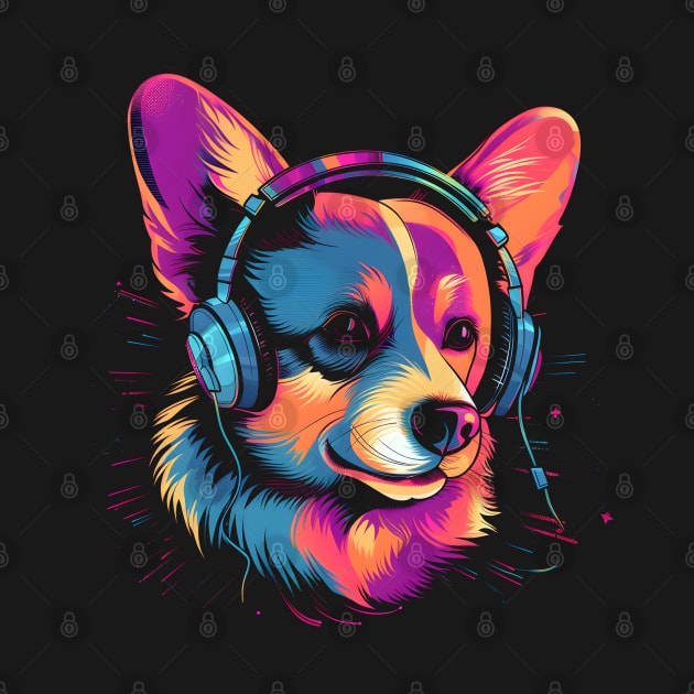 corgi wearing headphones - synth wave style by ro83land