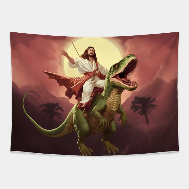 Jesus Riding Dinosaur Tapestry by Acid_rain