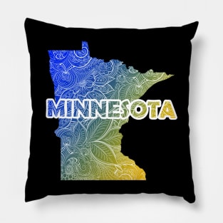 Colorful mandala art map of Minnesota with text in blue and yellow Pillow