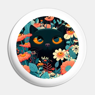 Happy Funny Black Cat In Flowers - Love Cats Pin