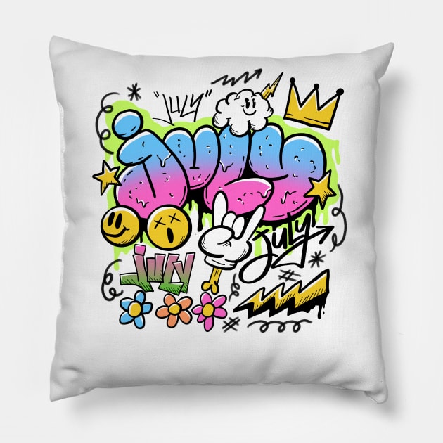 July Graffiti Doodle Pillow by yogisnanda