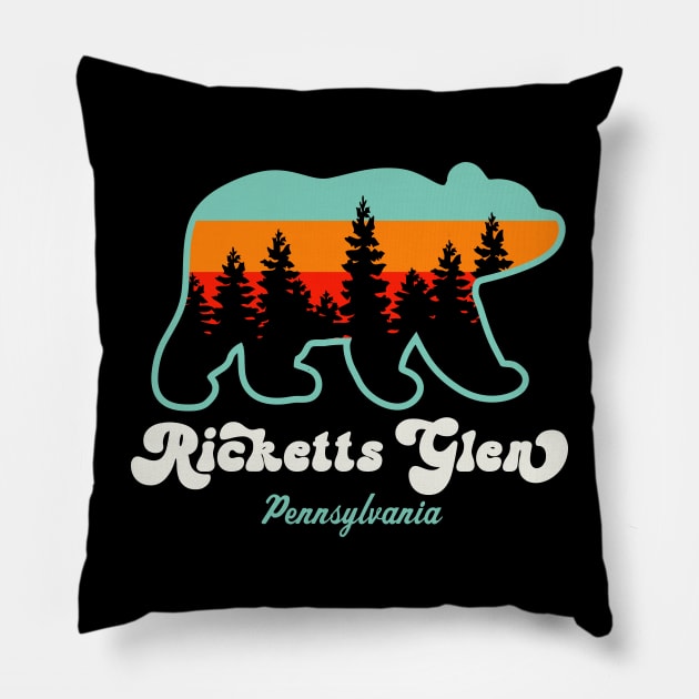 Ricketts Glen State Park Camping Hiking Retro Bear Pillow by PodDesignShop