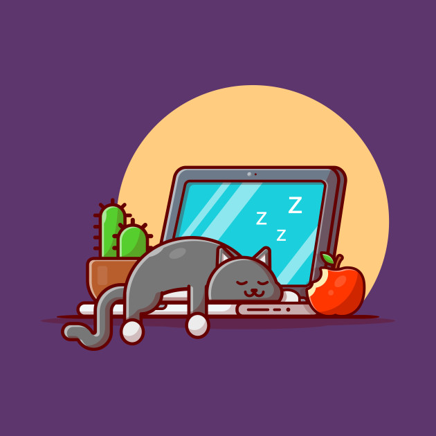 Cute Cat Sleeping On Laptop With Apple And Cactus Cartoon Vector Icon Illustration - Kitten - Phone Case