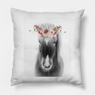 Icelandic Horse Portrait with Flowers, black and white Pillow