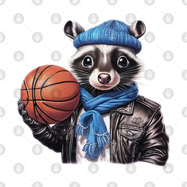 a skunk wearing a leather jacket  and a hat holding a basketball ball by JnS Merch Store