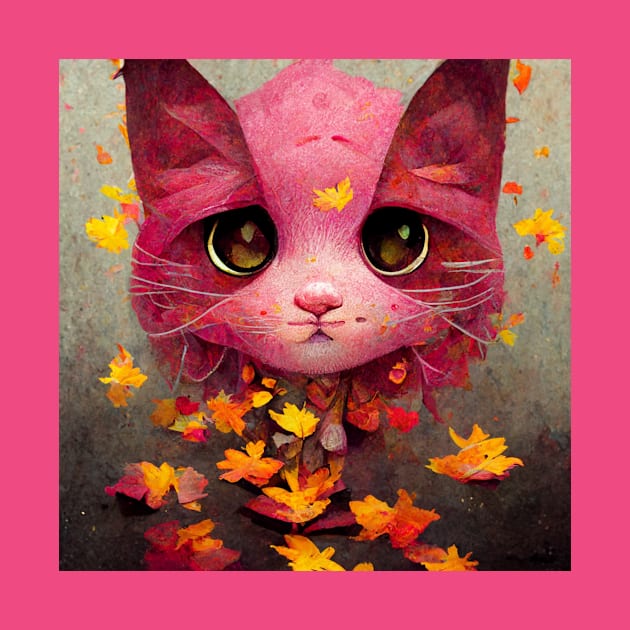 Beautiful pink cute Kitty play happy  On The Autumn leaves cat lovers gift by FoolDesign