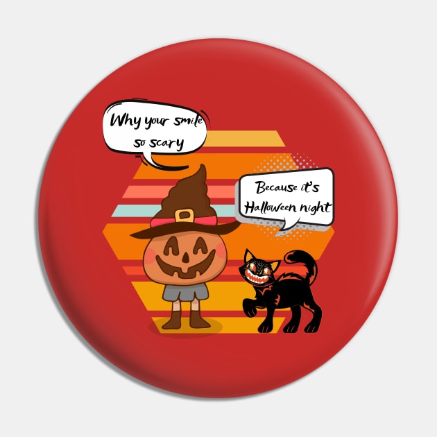 Pumpkin and Black Cat Scary Halloween Pin by O.M design