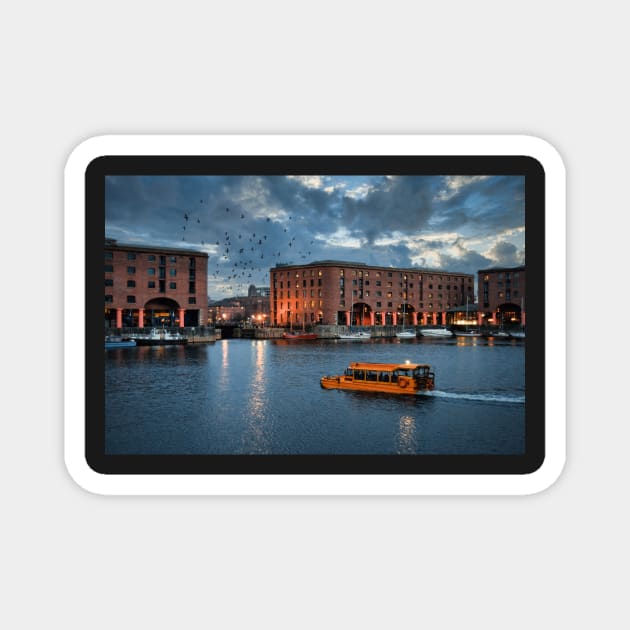 Albert Dock Liverpool at dusk with a yellow Duck Marine Craft Magnet by stuartchard