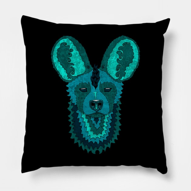 African Wild Dog - Teal Pillow by pelibeli