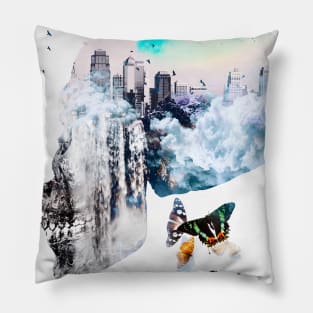 Mystic Skull beautiful blue sky city scape butterfly Pillow