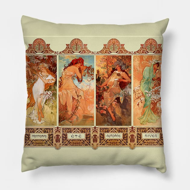 Alphonse Mucha Four Seasons Art Nouveau Pillow by JoolyA