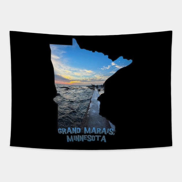 Minnesota State Outline - Grand Marais Sunset Tapestry by gorff