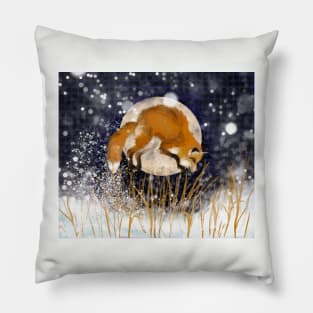 Snowy Night Leaping Fox Pillow