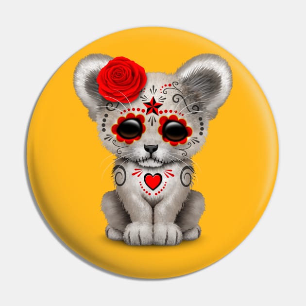 Red Day of the Dead Sugar Skull White Lion Cub Pin by jeffbartels